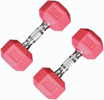 Nexo Pink Rubber Hex Dumbbells – Commercial Grade No-Roll Weights for Gym & Home (12"L x 5"W) | Ergonomic Grip for All Fitness Levels