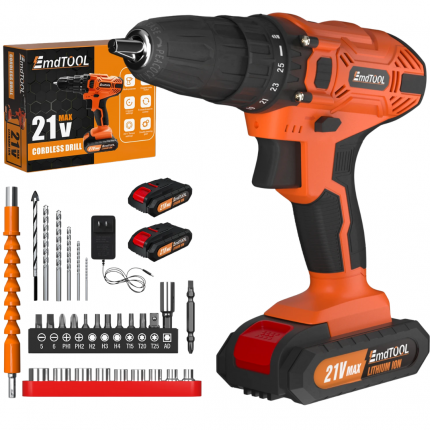Feytory 21V Cordless Drill 25+1 Torque 2-Speed w/ 2 Batteries & 29PC Kit