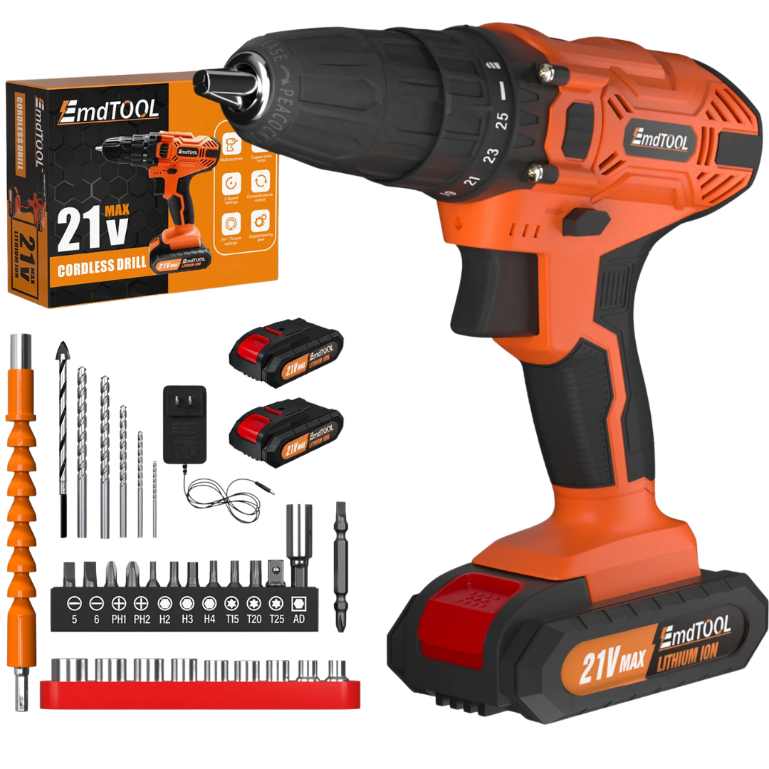 Feytory 21V Cordless Drill 25+1 Torque 2-Speed w/ 2 Batteries & 29PC Kit
