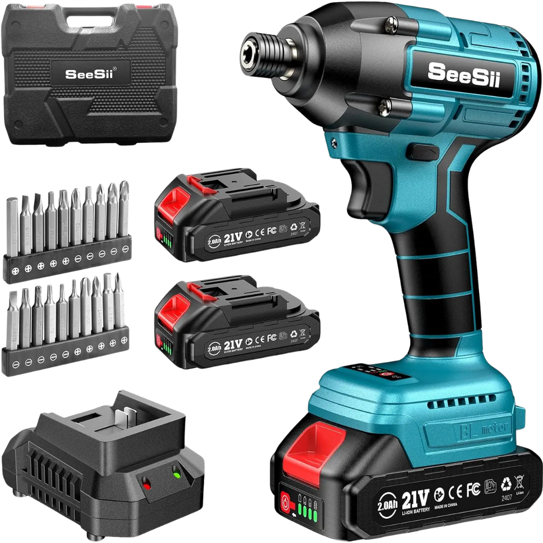 SeeSii 21V Brushless Impact Driver 180Nm 2500RPM w/ 2x2000mAh Batteries & 20PC Bits