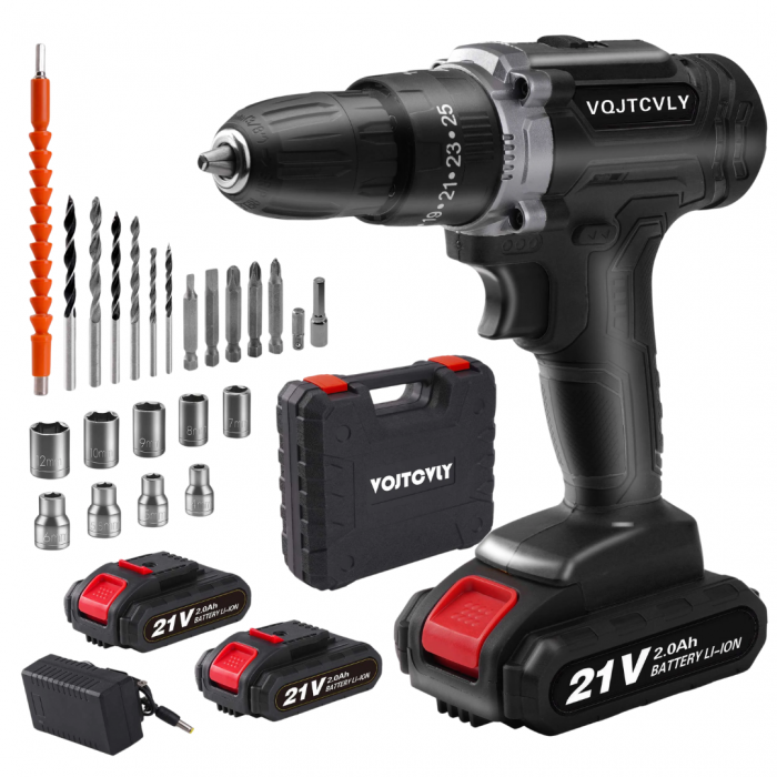 VOITCYN 21V Cordless Drill with 2Ah Battery 40N.m Torque 25+1 Clutch & 23PC Kit