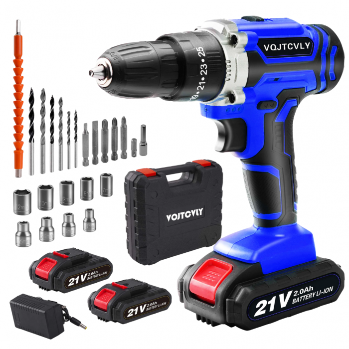 VOITCYN 21V Cordless Drill with 2Ah Battery 40N.m Torque 25+1 Clutch & 23PC Kit