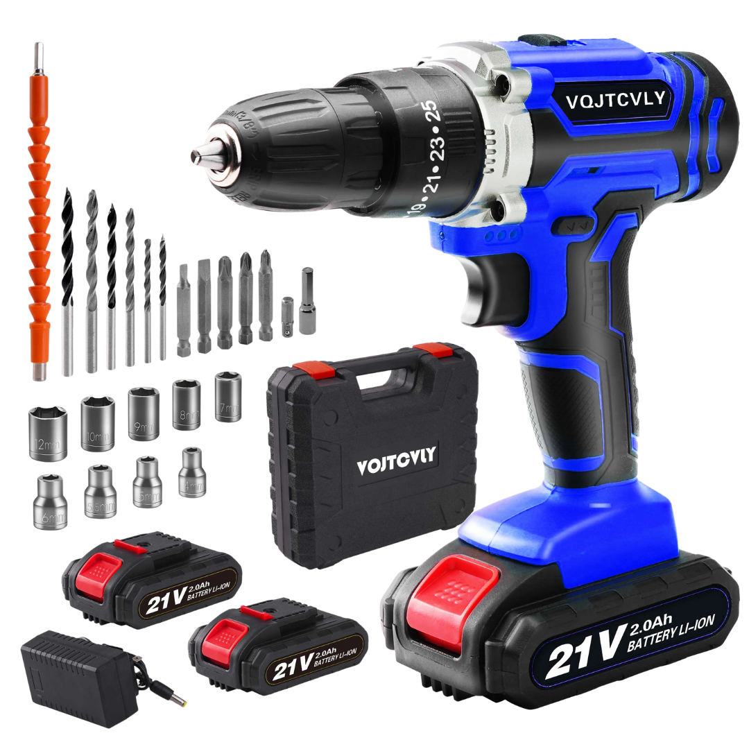 VOITCYN 21V Cordless Drill with 2Ah Battery 40N.m Torque 25+1 Clutch & 23PC Kit