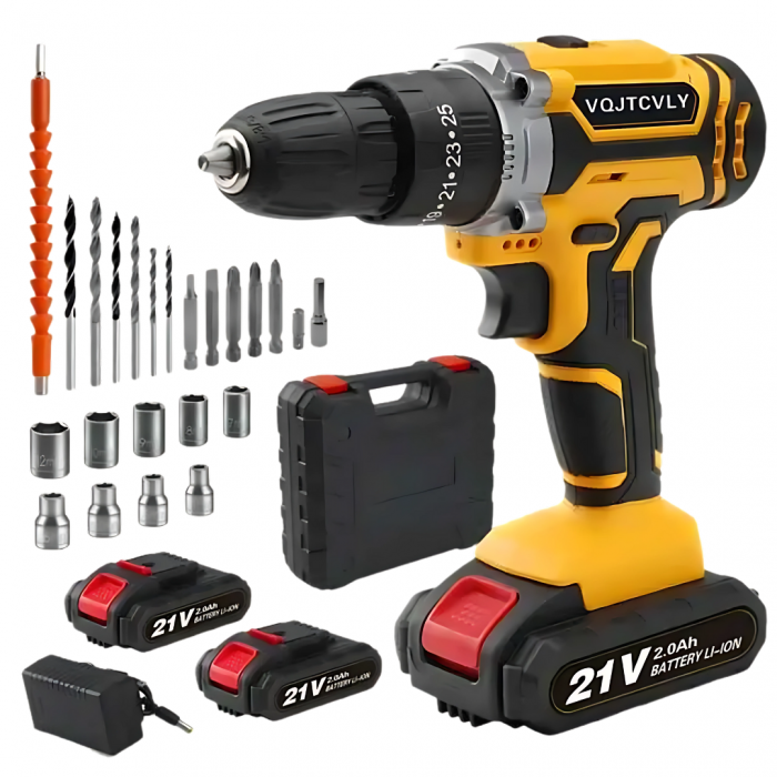 VOITCYN 21V Cordless Drill with 2Ah Battery 40N.m Torque 25+1 Clutch & 23PC Kit