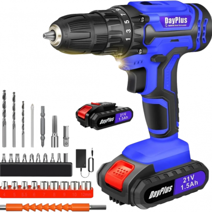 DayPlus 21V Cordless Drill 45Nm Brushless Motor 2-Speed 25+1 Torque with 26PC Kit