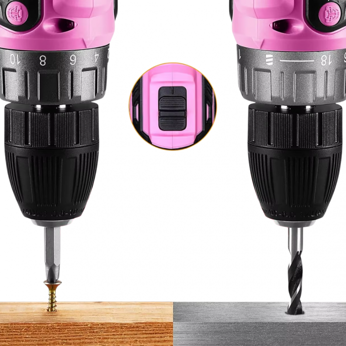 DOKO 20V Pink Cordless Drill Set for Women with 40Nm Torque 2 Speeds & 18+1 Settings