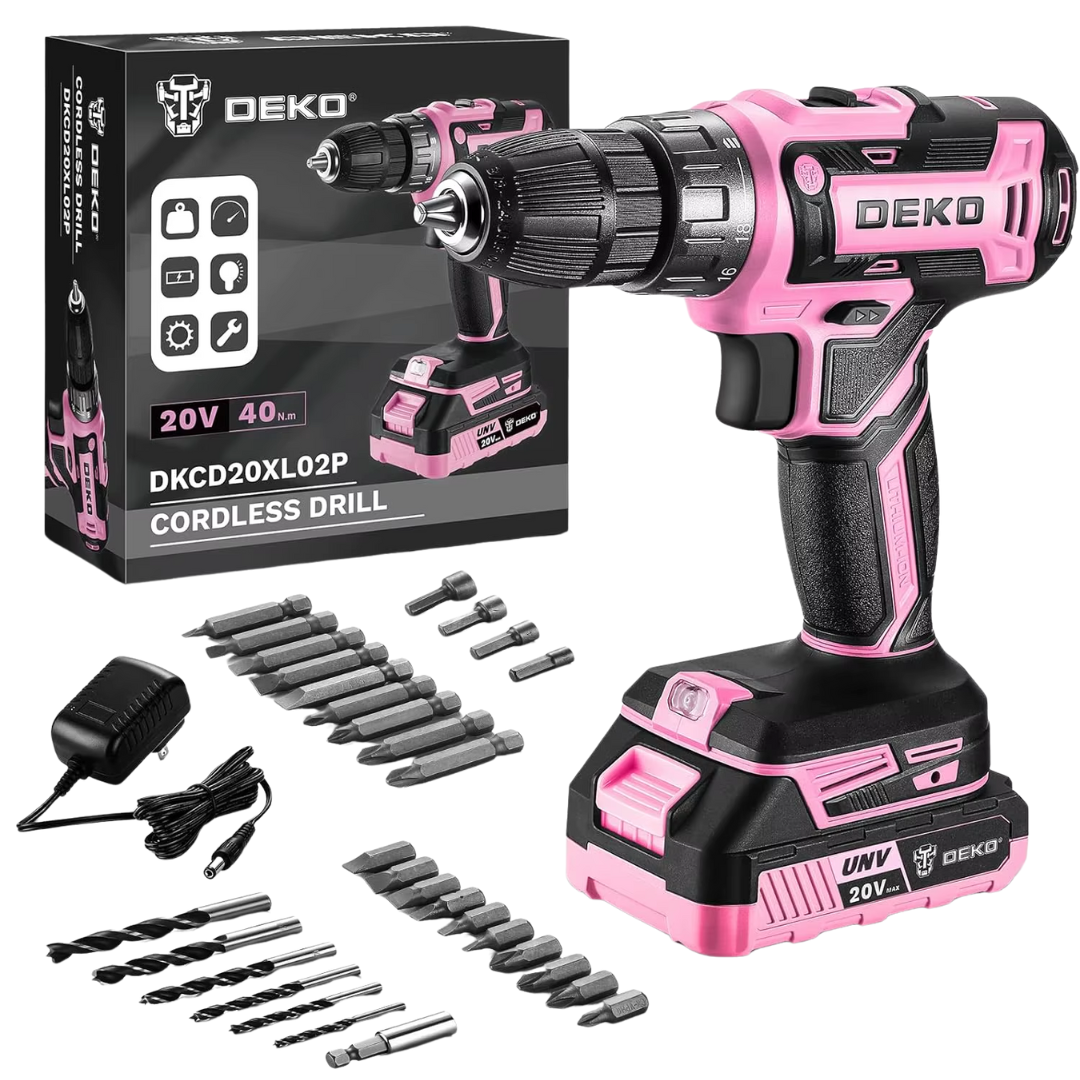 DOKO 20V Pink Cordless Drill Set for Women with 40Nm Torque 2 Speeds & 18+1 Settings