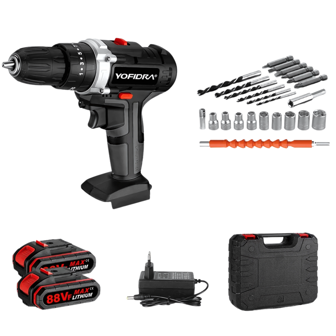 YOFIDRA 21V Cordless Impact Drill 25+3 Torque 1600RPM 3-Mode 10mm Chuck 2 Batteries