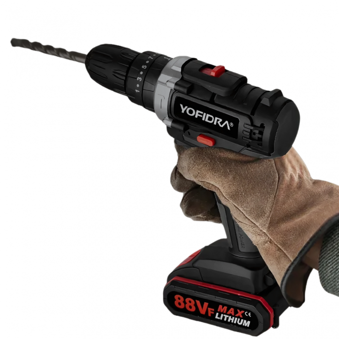 YOFIDRA 21V Cordless Impact Drill 25+3 Torque 1600RPM 3-Mode 10mm Chuck 2 Batteries