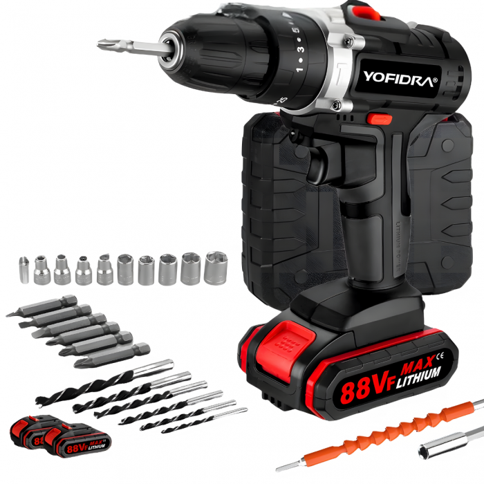 YOFIDRA 21V Cordless Impact Drill 25+3 Torque 1600RPM 3-Mode 10mm Chuck 2 Batteries
