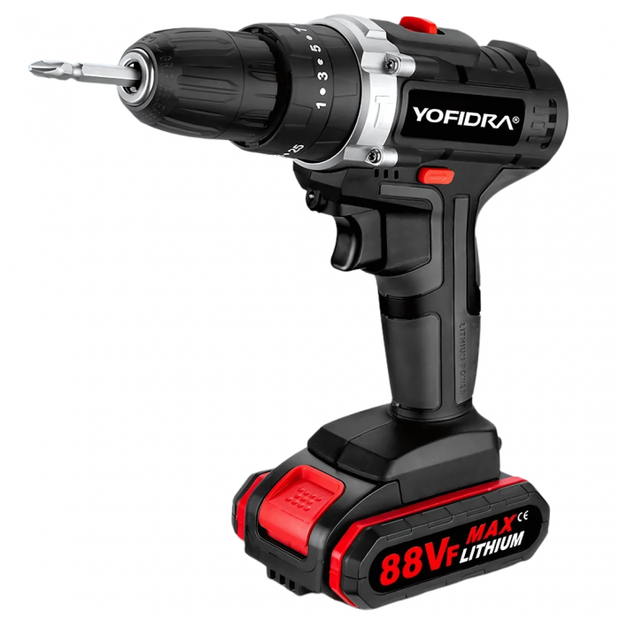 YOFIDRA 21V Cordless Impact Drill 25+3 Torque 1600RPM 3-Mode 10mm Chuck 2 Batteries