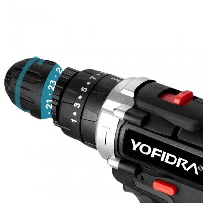 YOFIDRA 21V Cordless Impact Drill 25+3 Torque 1600RPM 3-Mode 10mm Chuck 2 Batteries