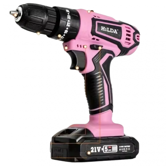 HILDA XTE018 21V Cordless Drill 25+1 Torque 2-Speed 1500RPM Keyless Chuck Pinkz