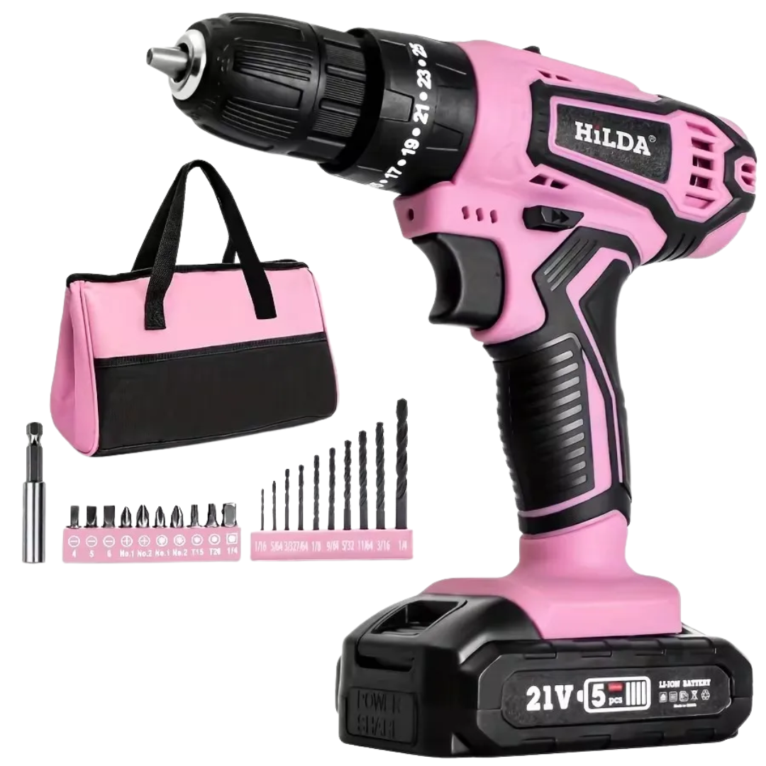 HILDA XTE018 21V Cordless Drill 25+1 Torque 2-Speed 1500RPM Keyless Chuck Pinkz