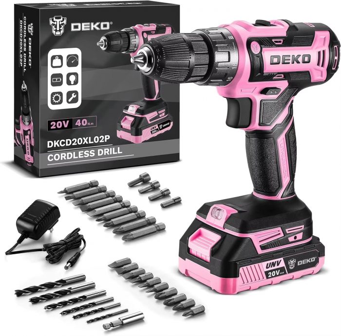 DOKO 20V Pink Cordless Drill Set for Women with 40Nm Torque 2 Speeds & 18+1 Settings
