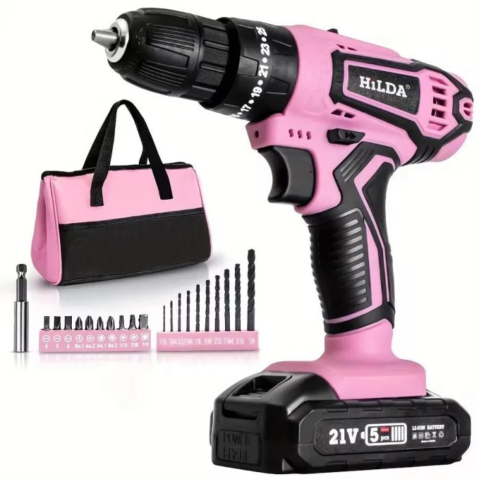 HILDA XTE018 21V Cordless Drill 25+1 Torque 2-Speed 1500RPM Keyless Chuck Pinkz