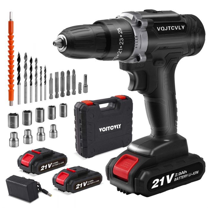 VOITCYN 21V Cordless Drill with 2Ah Battery 40N.m Torque 25+1 Clutch & 23PC Kit