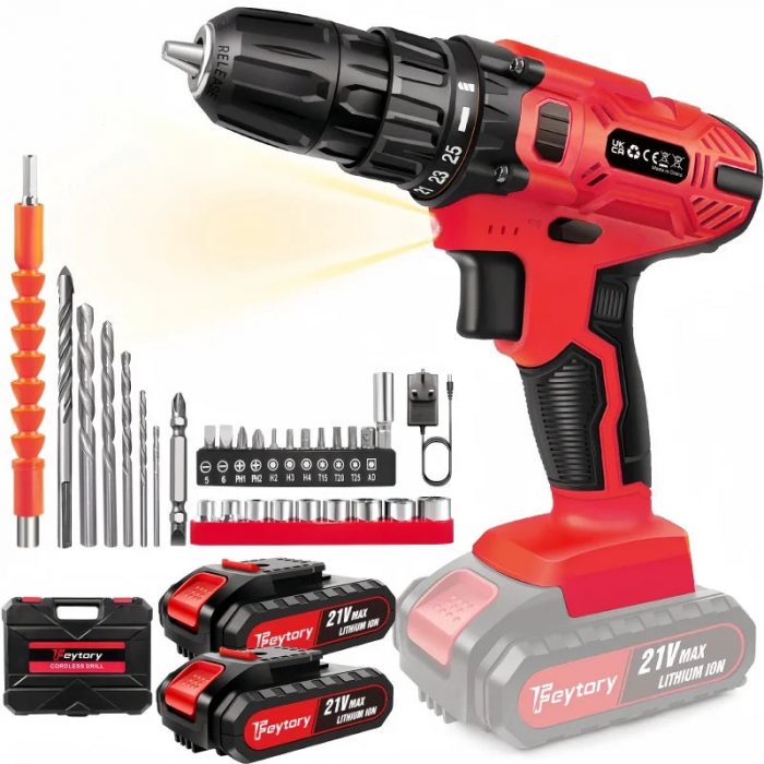 Feytory 21V Cordless Drill 25+1 Torque 2-Speed w/ 2 Batteries & 29PC Kit