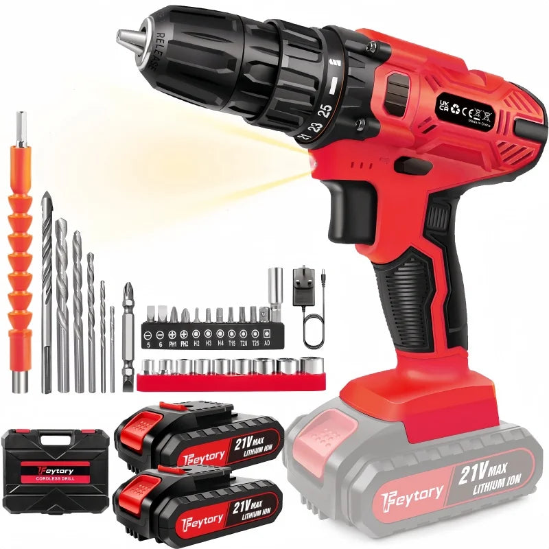 Feytory 21V Cordless Drill 25+1 Torque 2-Speed w/ 2 Batteries & 29PC Kit